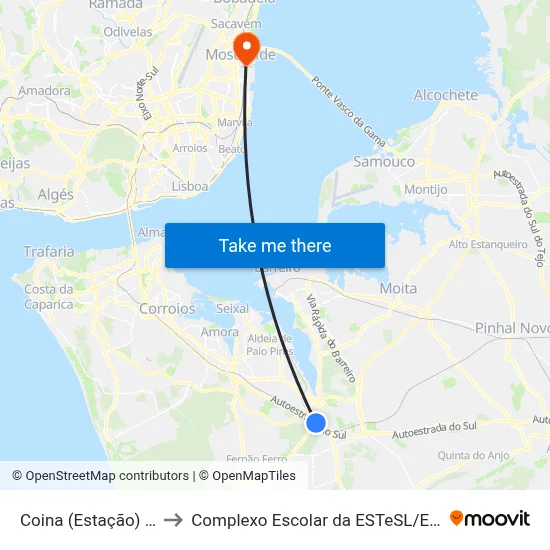 Coina (Estação) P5 to Complexo Escolar da ESTeSL / ESEL map