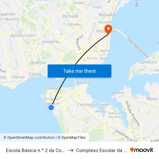 Escola Básica n.º 2 da Costa da Caparica to Complexo Escolar da ESTeSL / ESEL map