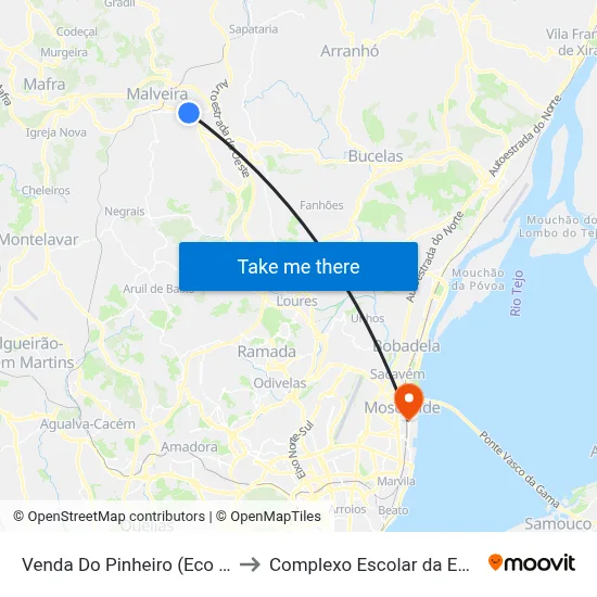 Venda Do Pinheiro (Eco Parque) P3 to Complexo Escolar da ESTeSL / ESEL map