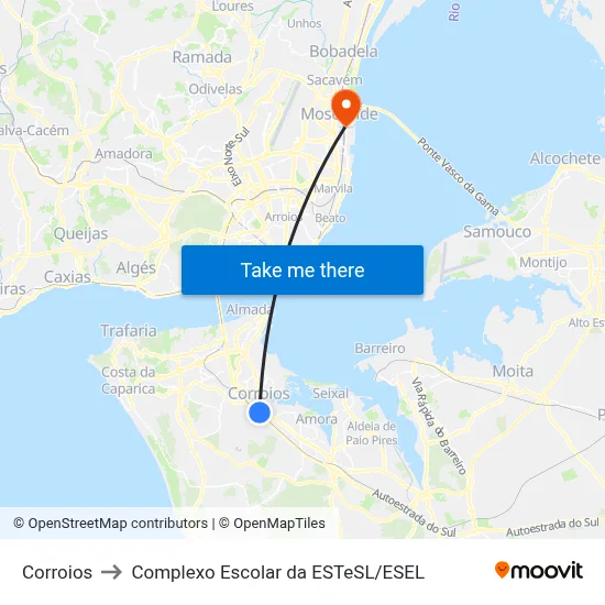 Corroios to Complexo Escolar da ESTeSL / ESEL map