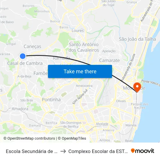 Escola Secundária de Caneças to Complexo Escolar da ESTeSL / ESEL map