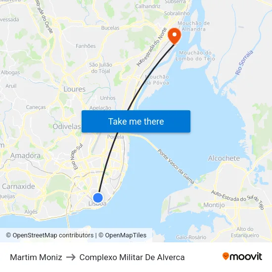 Martim Moniz to Complexo Militar De Alverca map
