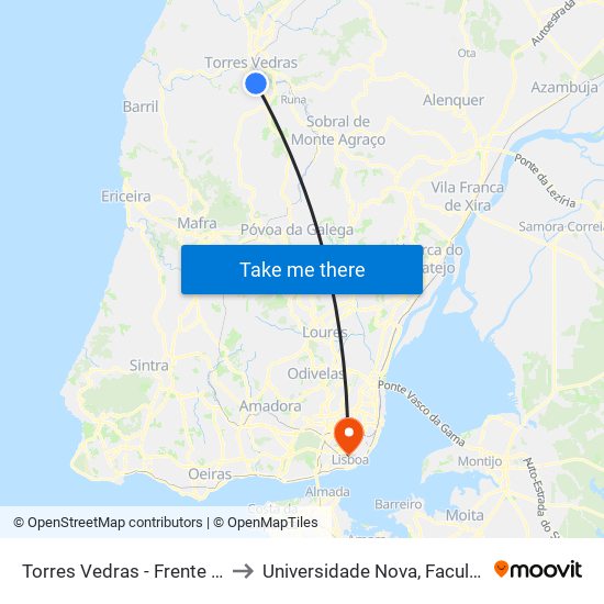 Torres Vedras (Fundição Dois Portos) to Universidade Nova, Faculdade De Ciências Médicas map