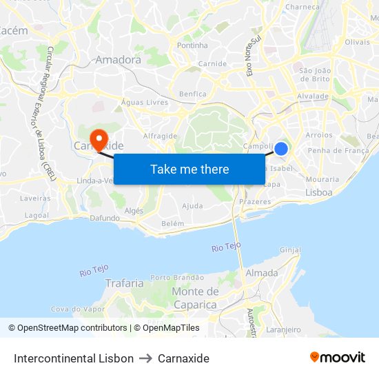 Intercontinental Lisbon to Carnaxide map