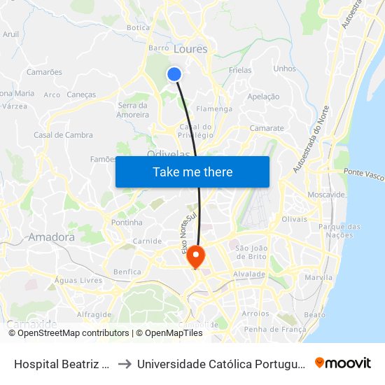 Hospital Beatriz Ângelo to Universidade Católica Portuguesa Lisboa map