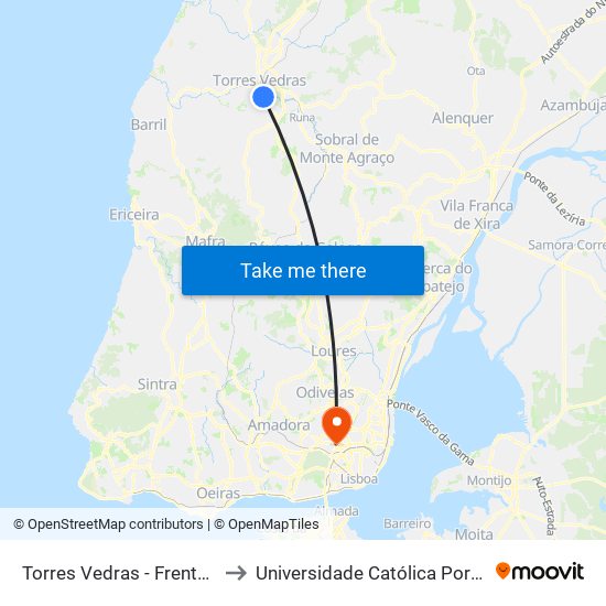 Torres Vedras (Hospital) to Universidade Católica Portuguesa Lisboa map