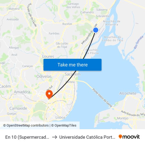 En 10 (Supermercado) (Alverca) to Universidade Católica Portuguesa Lisboa map