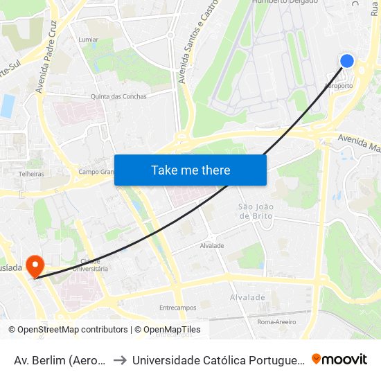 Av. Berlim (Aeroporto) to Universidade Católica Portuguesa Lisboa map