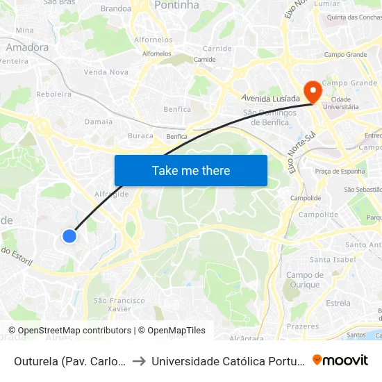 Outurela (Pav. Carlos Queiroz) to Universidade Católica Portuguesa Lisboa map