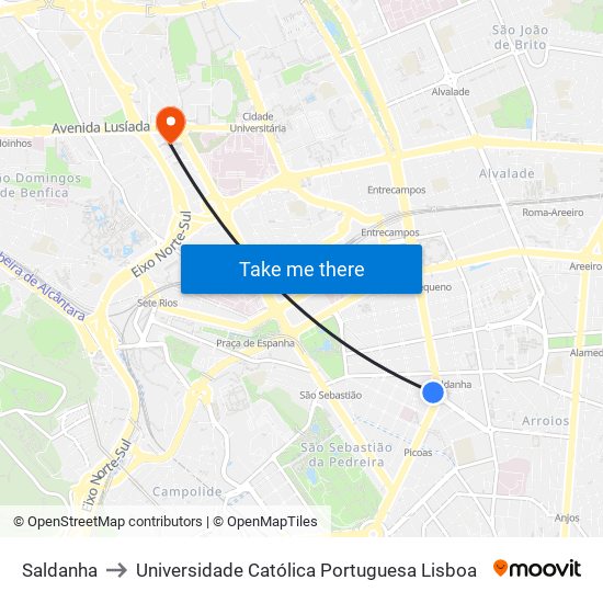 Saldanha to Universidade Católica Portuguesa Lisboa map