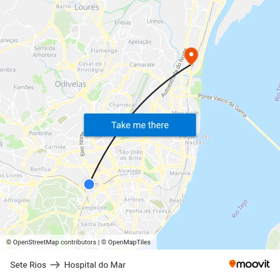 Sete Rios to Hospital do Mar map