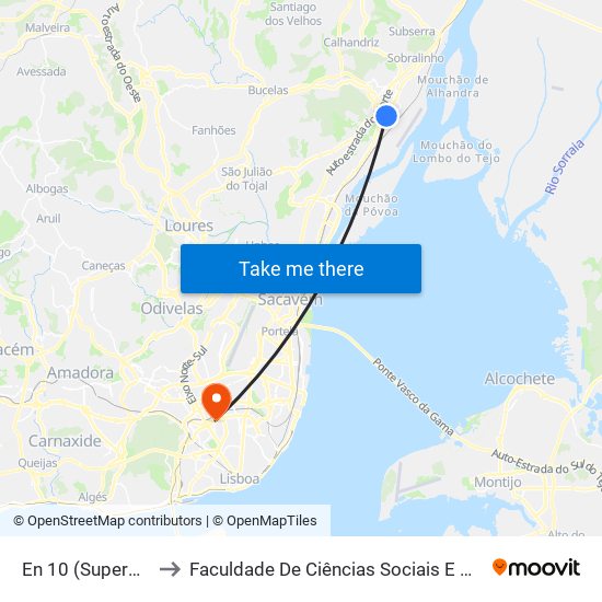 En 10 (Supermercado) (Alverca) to Faculdade De Ciências Sociais E Humanas - Universidade Nova De Lisboa map