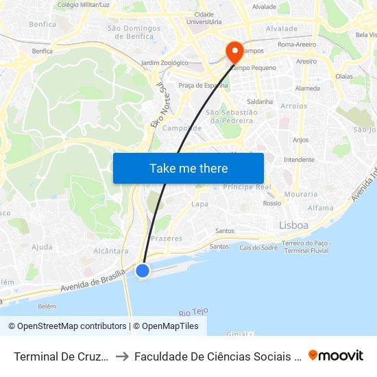 Terminal De Cruzeiros (Alcântara) / Docas to Faculdade De Ciências Sociais E Humanas - Universidade Nova De Lisboa map
