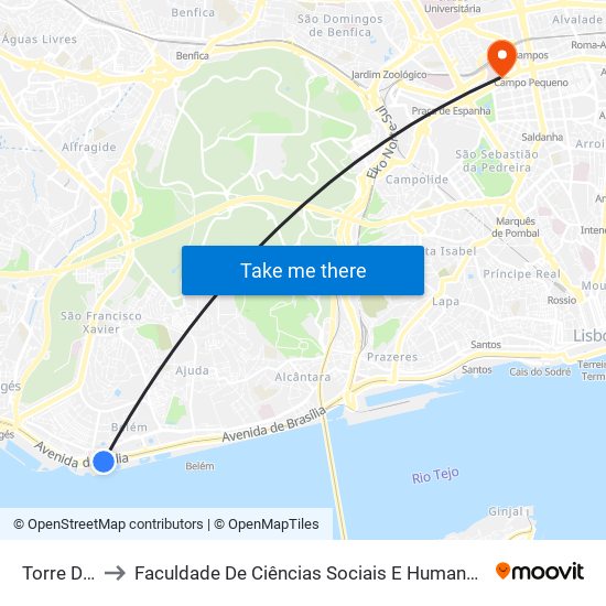 Torre De Belém to Faculdade De Ciências Sociais E Humanas - Universidade Nova De Lisboa map