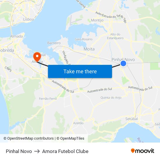 Pinhal Novo to Amora Futebol Clube map