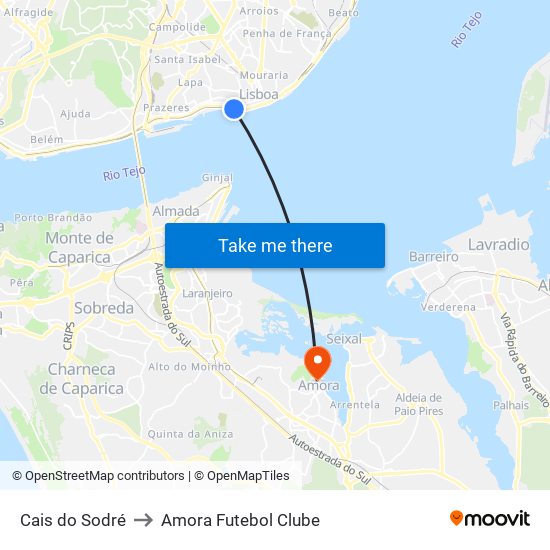 Cais Do Sodré to Amora Futebol Clube map