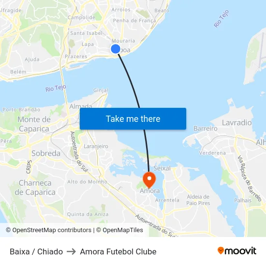 Baixa / Chiado to Amora Futebol Clube map