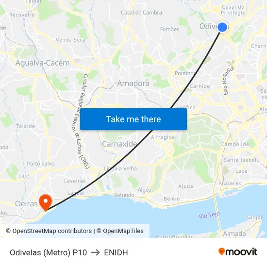 Odivelas (Metro) P10 to ENIDH map