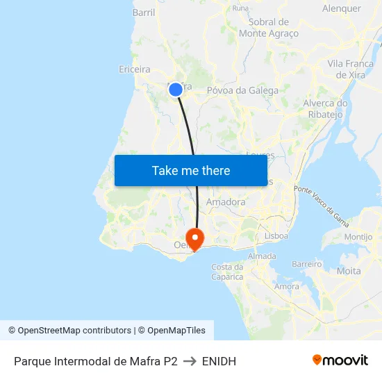 Parque Intermodal de Mafra P2 to ENIDH map