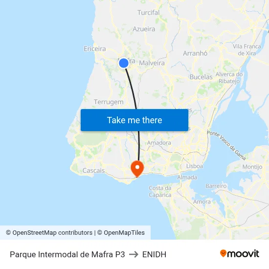 Parque Intermodal de Mafra P3 to ENIDH map