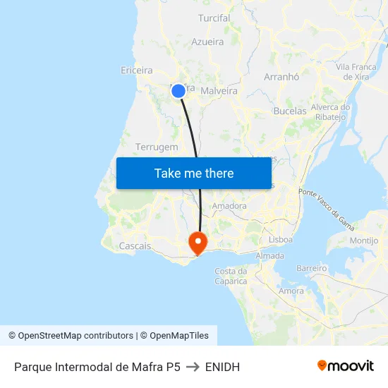 Parque Intermodal de Mafra P5 to ENIDH map
