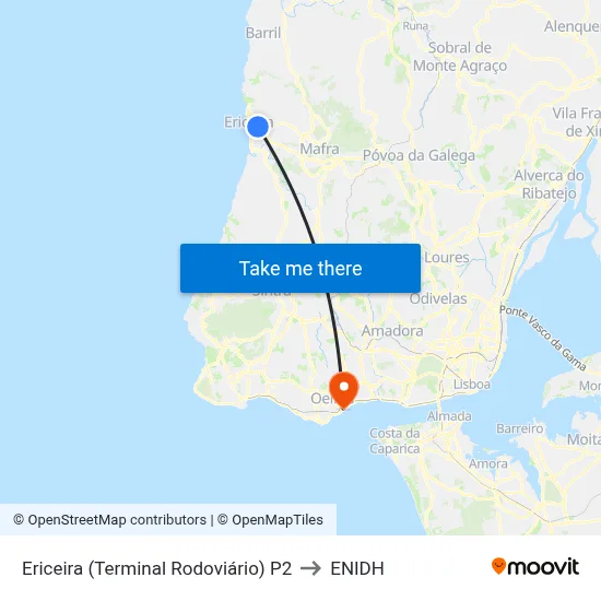Ericeira (Terminal Rodoviário) P2 to ENIDH map