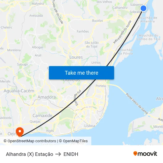 Alhandra (X) Estação to ENIDH map