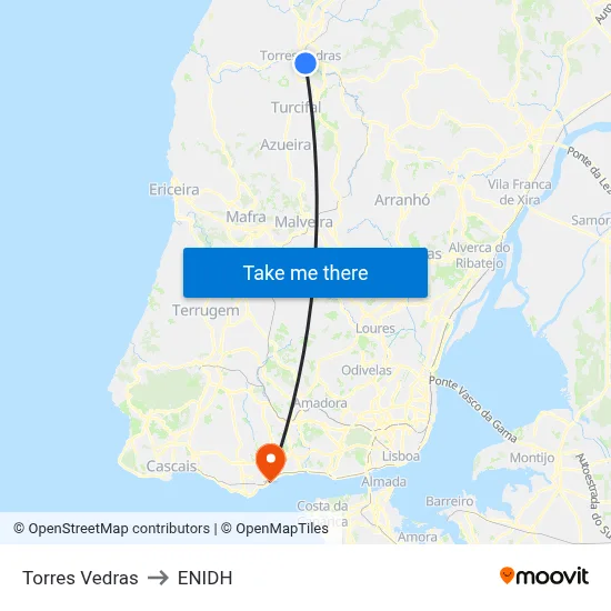 Torres Vedras to ENIDH map
