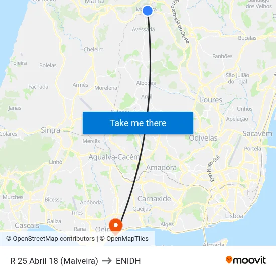 R 25 Abril 18 (Malveira) to ENIDH map