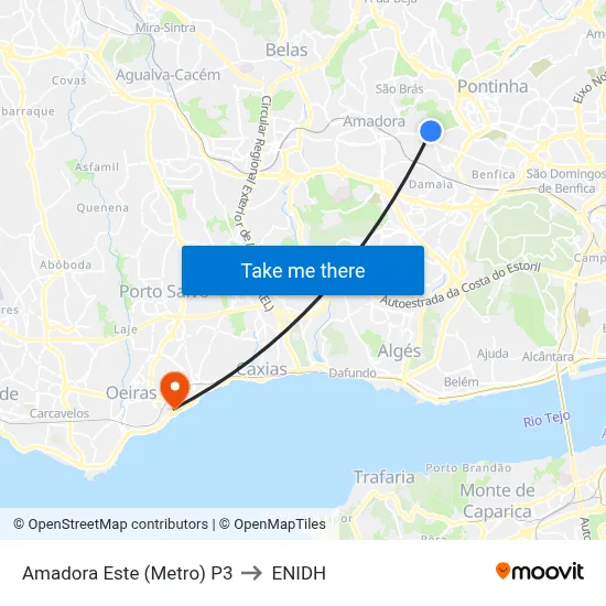 Amadora Este (Metro) P3 to ENIDH map