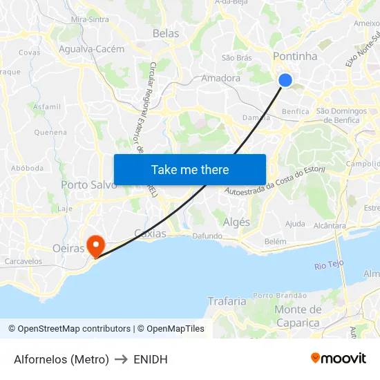 Alfornelos (Metro) to ENIDH map