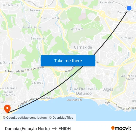 Damaia (Estação Norte) to ENIDH map