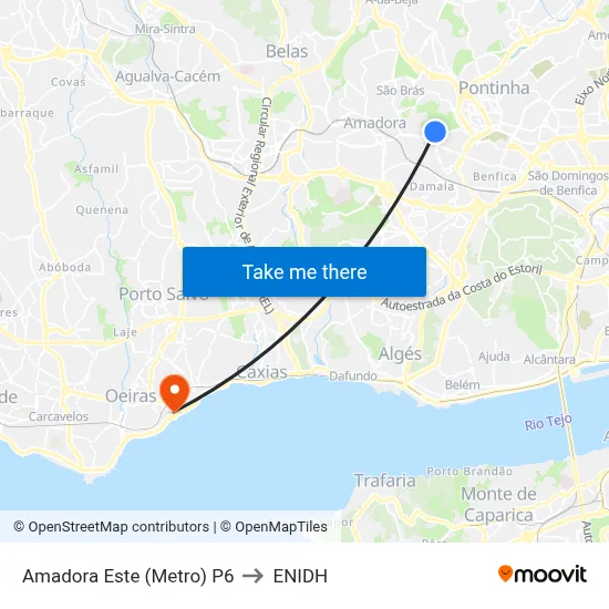 Amadora Este (Metro) P6 to ENIDH map