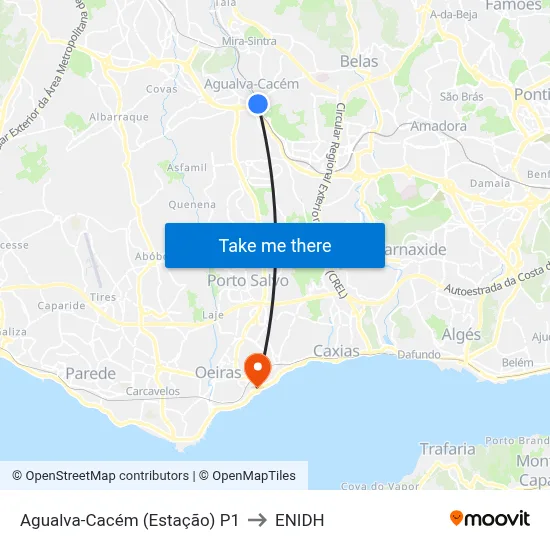 Agualva-Cacém (Estação) P1 to ENIDH map