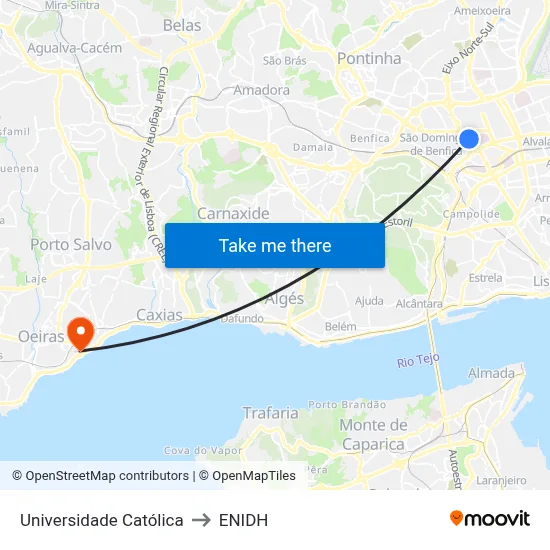 Universidade Católica to ENIDH map