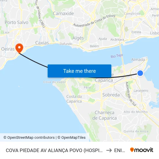 COVA PIEDADE AV ALIANÇA POVO (HOSPITAL) to ENIDH map