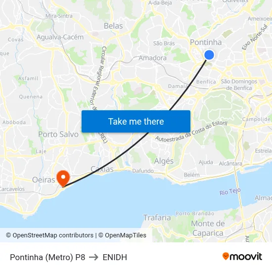Pontinha (Metro) P8 to ENIDH map