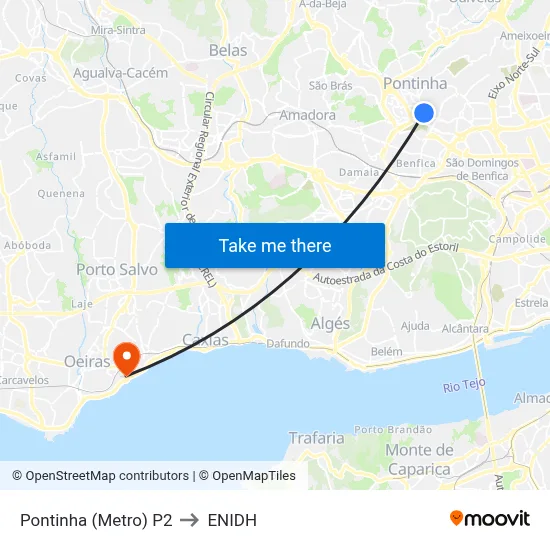 Pontinha (Metro) P2 to ENIDH map
