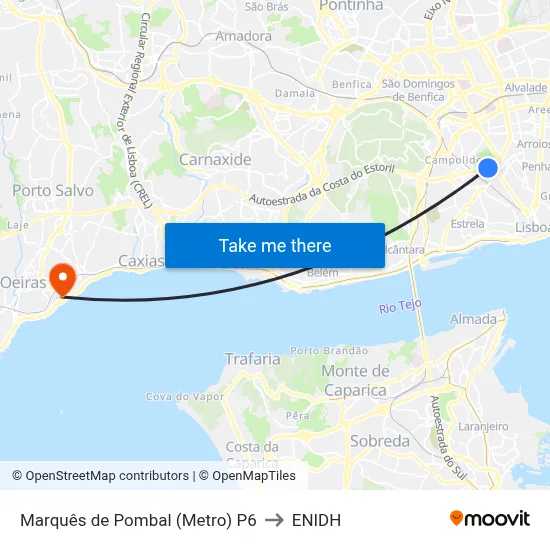 Marquês de Pombal (Metro) P6 to ENIDH map
