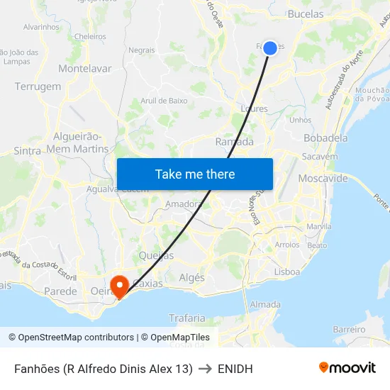 Fanhões (R Alfredo Dinis Alex 13) to ENIDH map