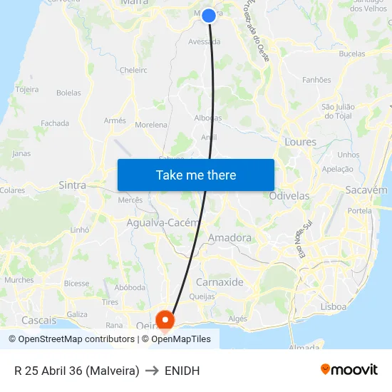 R 25 Abril 36 (Malveira) to ENIDH map