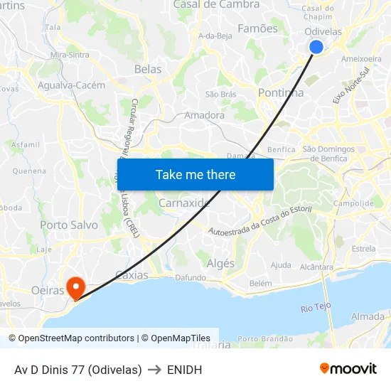 Av D Dinis 77 (Odivelas) to ENIDH map