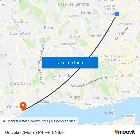 Odivelas (Metro) P4 to ENIDH map