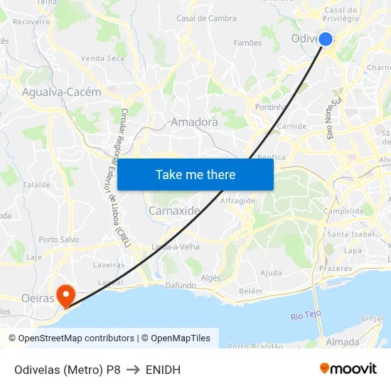 Odivelas (Metro) P8 to ENIDH map