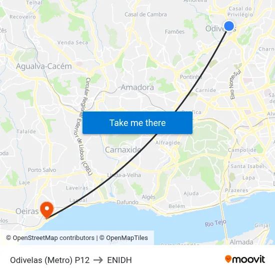 Odivelas (Metro) P12 to ENIDH map