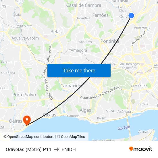 Odivelas (Metro) P11 to ENIDH map