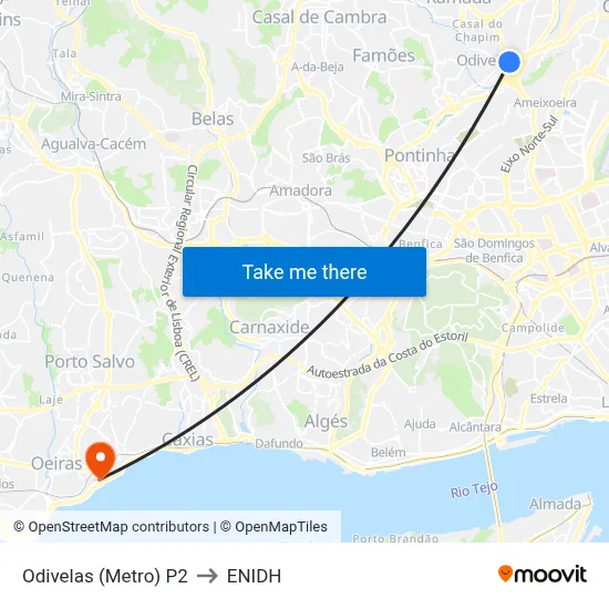 Odivelas (Metro) P2 to ENIDH map