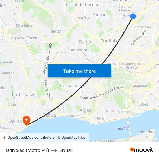 Odivelas (Metro P1) to ENIDH map