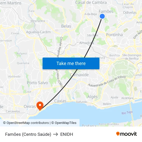 Famões (Centro Saúde) to ENIDH map