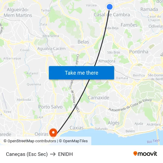 Caneças (Esc Sec) to ENIDH map